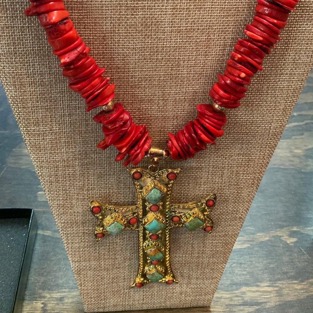 Red Coral w/ Green Turquoise Cross Necklace